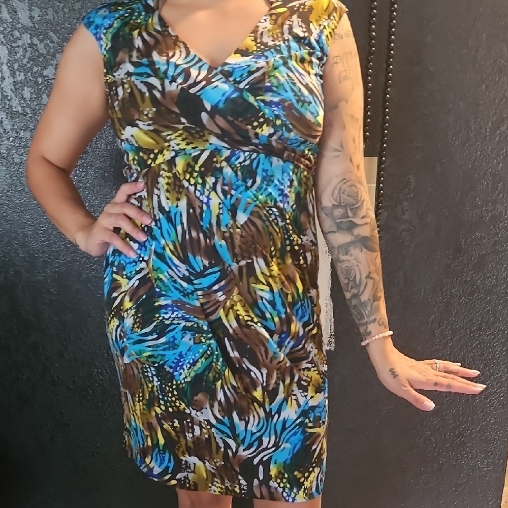 Ellen Tracy Blue and Brown Patterned Mini Dress